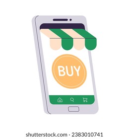 Online store, mobile phone app. Buying in internet, digital electronic shop. Virtual market application on smartphone screen. E-commerce concept. Flat vector illustration isolated on white background