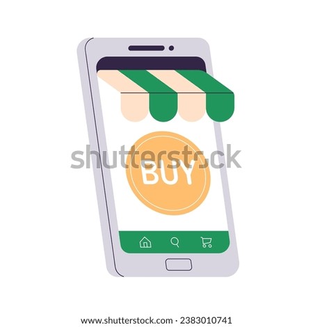 Online store, mobile phone app. Buying in internet, digital electronic shop. Virtual market application on smartphone screen. E-commerce concept. Flat vector illustration isolated on white background