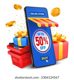 Online store in mobile phone. Shopping baskets, smartphone, gifts and golden coins. Conceptual design element for shopping online, advertising of sale, delivery, discounts etc. Vector 3d illustration