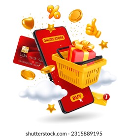 Online store in mobile phone. Shopping cart with gift, credit card, smartphone, web icons and coins. Conceptual design for shopping online, advertising of sale. 3d Vector illustration