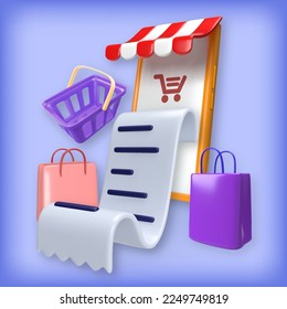 Online store, Mobile shopping.Realistic vector illustration. 3d render of smartphone with canopy, purchase receipt, shopping bags and basket