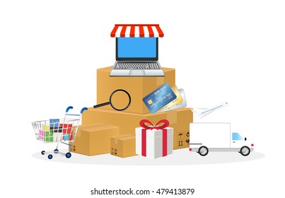 online store object with shopping cart box laptop credit card truck and airplane