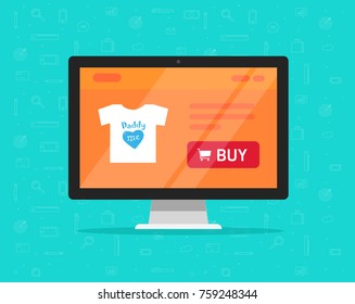 Online Store On Computer Vector Illustration, Flat Cartoon Style Of Desktop Pc Display With Internet Shop Website Product Details Page And Buy Button, Concept Of Ecommerce Technology