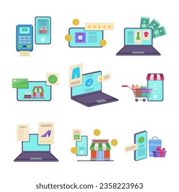 Almacén en línea en diferentes dispositivos con ilustraciones vectoriales establecidas. Aplicación de compras móviles en smartphones y laptops, pago con tarjeta de crédito o terminal, dinero, íconos de clasificación de estrellas. concepto de comercio por Internet