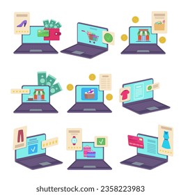 Almacén en línea en imágenes vectoriales de pantalla de portátil. Sitio web o aplicación de compras móviles con una amplia gama de productos, comentarios de clientes, diferentes iconos de opciones de pago. concepto de comercio por Internet