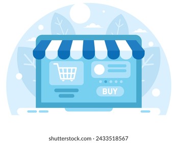 Online store on laptop screen. E-commerce concept. Vector graphics