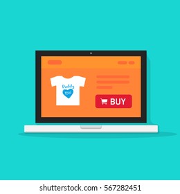 Online store on laptop vector illustration, internet shop website on computer screen, product details web page with buy button flat style icon, concept of ecommerce 