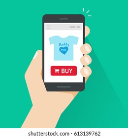 Online Store On Mobile Phone Vector Illustration, Internet Shop Website On Smartphone Screen In Hand, Product Details Web Page With Buy Button Flat Style, Concept Of Ecommerce, Mobile Shopping