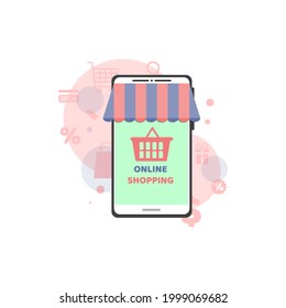Tienda en línea en el teléfono, aplicación, sitio de compras. Teléfono móvil con pantalla táctil, dosel de tiendas y cesta de comestibles. Ilustración vectorial, diseño de dibujos animados planos.