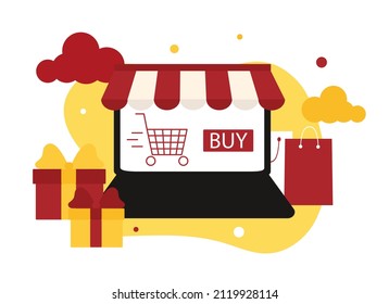 Online store. The open laptop with cart and button "buy" on screen. Concept online shopping. Sale, Laptop with awning. For digital marketing promotions. bag and gift box store element. Cartoon vector 