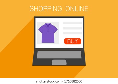 Online Store with open laptop. Online shopping concept. Buy online, ecommerce. Shopping Online on Website. Sale. Vector illustration.