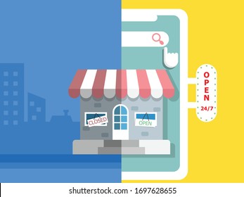 online store open and local store closed, online marketing concept