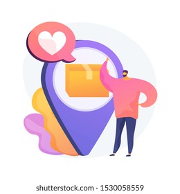 Pedido de tienda en línea, seguimiento de paquetes. Servicio postal, GPS, herramienta de navegación. Caja de cartón en el elemento de diseño plano aislado del pasador. Control de entrega y envío. Metáfora de concepto aislado de vectores