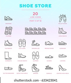 Online store outline icon set of 20 modern and stylish icons. Part 3 - shoe store. Dark line version. EPS 10. Pixel perfect.