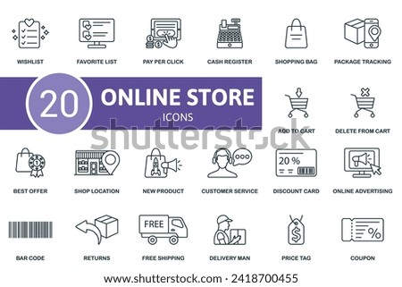 Online store outline icons set. Creative icons: wishlist, favorite list, pay per click, cash register, shopping bag, package tracking, add to cart, delete from cart, best offer, shop location, new