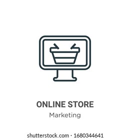 Icono de vector de esquema de almacén en línea. Icono de tienda en línea negra delgada, ilustración de elemento simple vectorial plano del concepto de marketing editable trazo aislado en fondo blanco