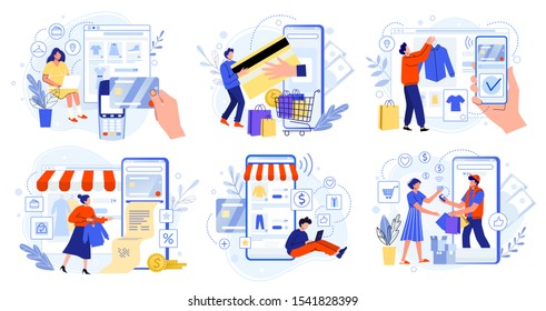 Online store payment. Bank credit cards, secure online payments and financial bill. Smartphone wallets, digital pay technology and modern retail flat vector illustration set. E-paying