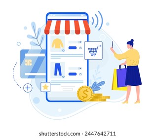 Pago de la tienda en línea, comprar en la tienda desde el smartphone. Vector de compra online y pago en tienda ilustración, venta tienda smartphone, comercio Carrito