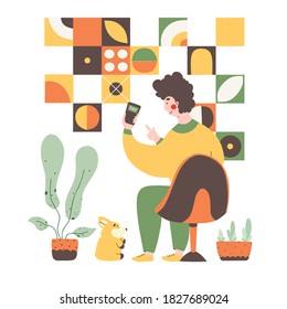 Online store payment from home, flat vector illustration graphic design. Man pays for purchases using a mobile phone.