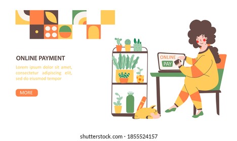 Online store payment from home, flat vector landing page template