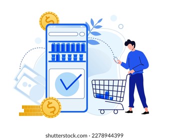 Online store payment. Man ordering products in internet via application. Man going with cart and taking products from virtual supermarket. Food on online shop shelves vector illustration