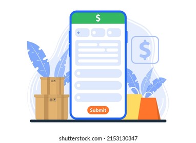 Online store payment service template. Shopping Online. Smartphone open payment page on shopping online app. Logistic business. Delivery concept. Transportation concept. 