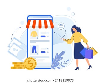 Online store payment. Vector of online store, buy in shop, mobile sale, smartphone cart internet, design web commerce illustration