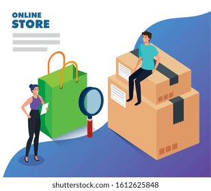 online store with people and icons vector illustration design