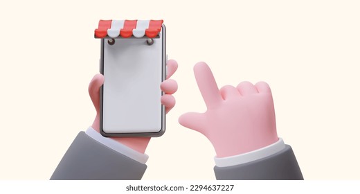 Online store in phone. Ordering goods via smartphone. 3d male hand using phone. Online shopping. Order food delivery through app. Color realistic 3D illustration