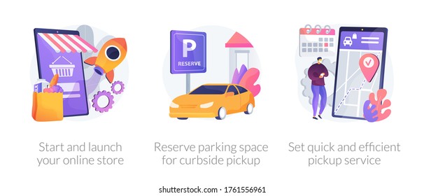 Online store pickup service abstract concept vector illustration set. Reserve parking space, curbside pickup, small business amid pandemic, grocery and essentials, employee safety abstract metaphor.