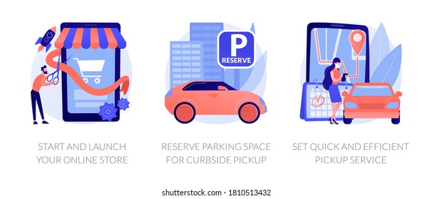 Online store pickup service abstract concept vector illustration set. Reserve parking space, curbside pickup, small business amid pandemic, grocery and essentials, employee safety abstract metaphor.