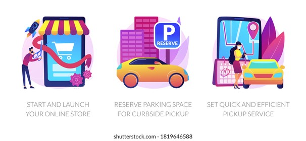 Online store pickup service abstract concept vector illustration set. Reserve parking space, curbside pickup, small business amid pandemic, grocery and essentials, employee safety abstract metaphor.