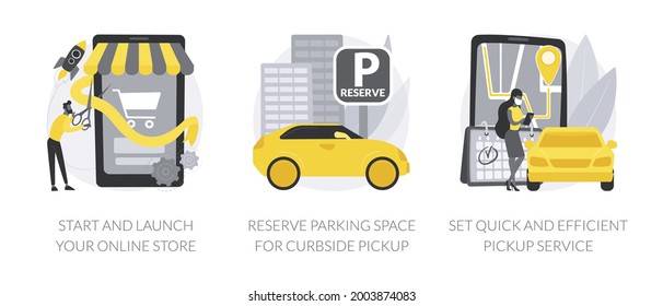 Online store pickup service abstract concept vector illustration set. Reserve parking space, curbside pickup, small business amid pandemic, grocery and essentials, employee safety abstract metaphor.