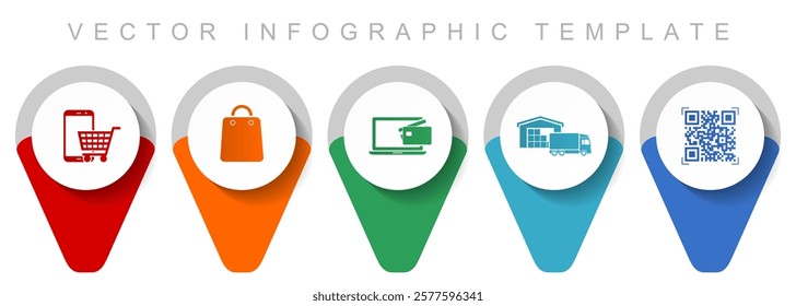 Online store pointer collection, miscellaneous icons such as smartphone, cart, bag, delivery and qr code, flat design vector infographic template in eps 10