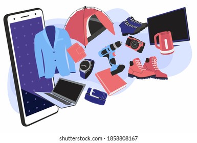 Tienda en línea. El producto sale volando del smartphone. Gráficos vectoriales de diseño