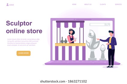 Online store of professional sculptor. Concept of online store that makes easy to order sculpture of the marble, wood, clay. Art, hobby. Website, web page, landing page template. Vector illustration