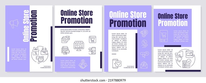 Online store promotion purple brochure template. Marketing. Leaflet design with linear icons. Editable 4 vector layouts for presentation, annual reports. Anton, Lato-Regular fonts used