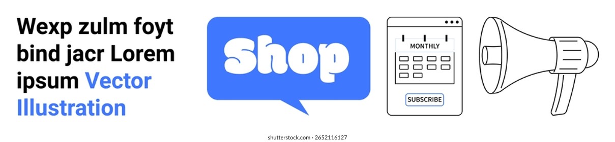 Tema de promoção de loja online com balão de fala, calendário e símbolo de megafone. Ideal para comércio eletrônico, estratégias de marketing, compras on-line, campanhas promocionais e assinaturas. Faixa