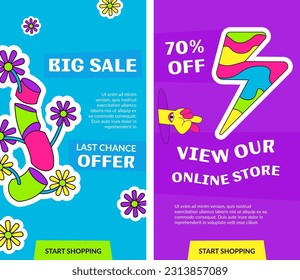 Online store with promotions for clients. Big sale and discounts, seventy percent off. View our products and use reduction, last chance offer. Start shopping and buying. Vector in flat style