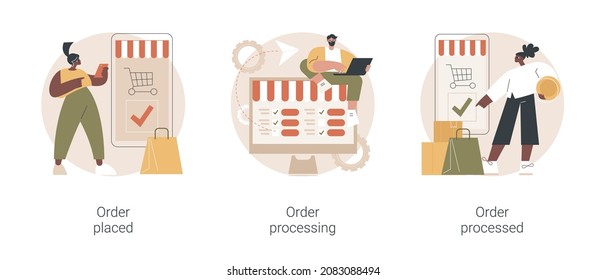 Abstraktes Konzept, Vektorgrafik-Set für den Online-Shop. Bestellung platziert und bearbeitet, Lieferbedingungen, Kundenservice, Kurierdienst, Einzelhandel und Lieferung abstrakte Metapher.
