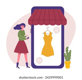 Online store purchasing, mobile payment. Woman using smartphone to order clothes. Phone screen with shop selling dress. Mobile application fro buying goods, e-commerce concept vector