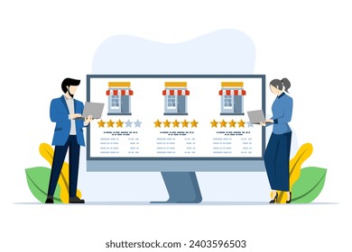 online store ranking concept, online store rating and feedback, customer reviews, E-commerce, online shopping, buyer satisfaction, trust metrics, top rated products, flat vector illustration.