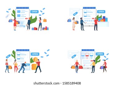 Online store rate set. Consumers buying goods online, giving feedback. Flat vector illustrations. Customer feedback concept for banner, website design or landing web page
