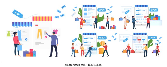 Online store rate set. Consumers buying goods online, giving feedback. Flat vector illustrations. Customer feedback concept for banner, website design or landing web page