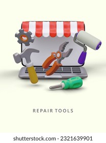 Online store of repair tools. 3D open laptop with striped canopy, gear, hammer, roller brush, pliers, screwdriver. Vertical advertising poster with bright color illustration