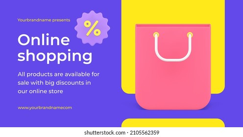 Online store retail purchasing with paper shopping bag and percentage sale discount promo banner vector illustration. Internet shop advertising black friday or seasonal special price offer promotion