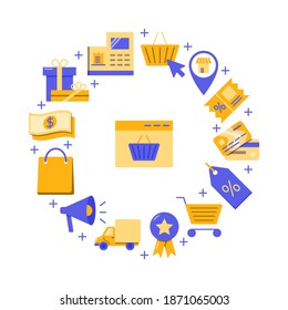 Online store round concept banner in flat style. Mobile business poster with internet commerce symbols. Vector illustration.