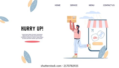 Online store sale advertising website banner flat vector illustration. Website or landing page mockup with happy client getting parcel with order from online shop.