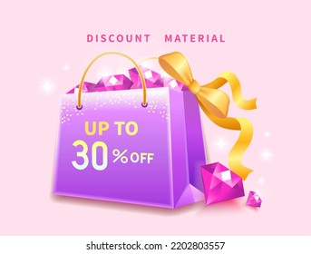 online store sale banner. Shopping discount 30% shopping bags, colorful balloons and rubies.