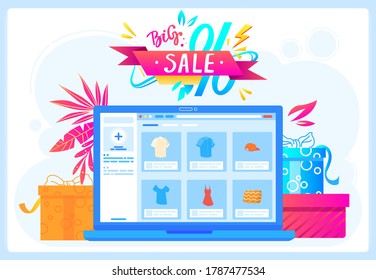 Ilustración vectorial de concepto de venta de tiendas en línea. Caricatura pantalla plana portátil con aplicación para tienda electrónica, ropa moderna en tienda, promoción de descuento de regalo para compras minoristas en línea aisladas en blanco